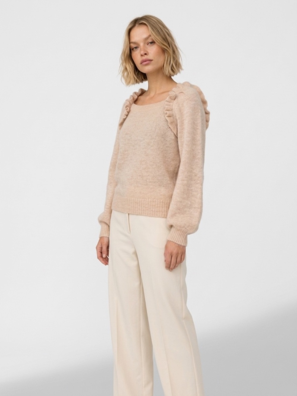 NWT Selected Femme Beige Alpaca Wool Blend Square Neck Ruffle Sleeve Sweater Med